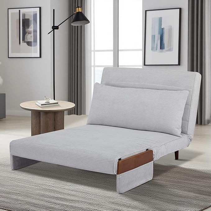 CITTANEO 42" Convertible Sleeper Chair, 3-in-1 Chair Bed Sleeper for Adults with Adjustable Backrest, Pillow & Wooden Arms, Loveseat Sofa Bed for Apartment, Office, Light Gray