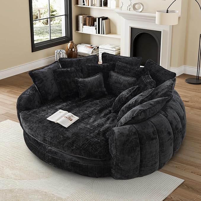 81" Oversized Bean Bag Chair Boneless Round Chaise Lounge Comfy Chenille Reading Chair Fluffy Plush Sofa Bed Large Deep Seat Circle Cloud Couch for Living Room, Bedroom, Apartment, Black