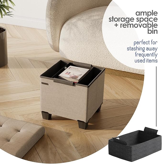 Storage Ottoman Cube with Small Bin, 16-in Square Ottoman with Storage for Living Room and Bedroom, Small Ottomans Foot Rest, Fabric Foot Stools Ottomans Max 330lbs, Taupe