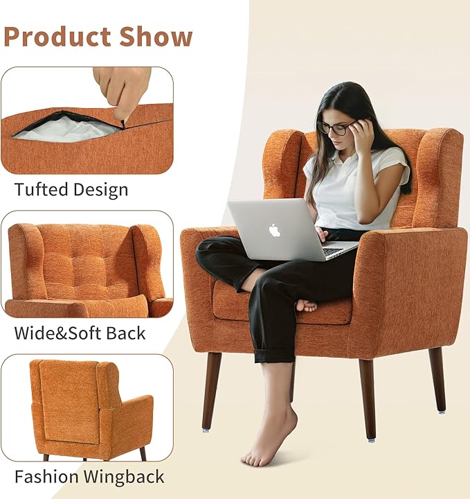 CHSICFOR Modern Accent Chair, Upholstered Arm Chair with Waist Pillow, Single Sofa Chair for Living Room Bedroom Small Spaces (Orange)