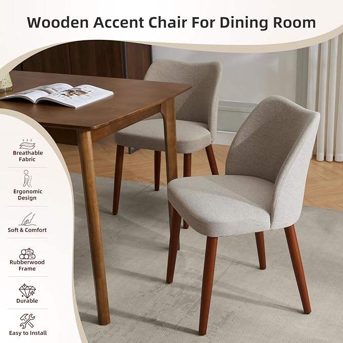 ElfinAura Dining Chair Set of 6, Linen Upholstered Dining Chair with Wood Legs, Wing Backrest, Wooden Kitchen Chair, Kitchen Chairs with Thick Cushions for Dining Room, Living Room, Khaki