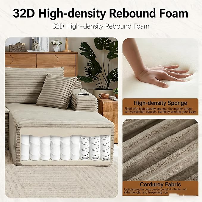 134" Modular Cloud Sectional Sleeper Sofa Couch for Living Room, U Shaped 6 Seat Sofa with 2 Storage Pockets, 2 Pillows & 2 Cup Holders, No Assembly Required (Camel)
