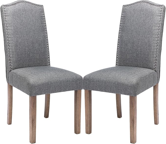 Upholstered Dining Chair Stylish Parsons Kitchen High Back with Silver Nailhead Trim & Wood Legs, 2-Pack, Fabric Classic Grey