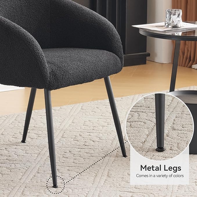 Modern Small Accent Chair Set of 2, Comfy Sherpa Makeup Vanity Chair with Metal Legs, Decorative Chair no Wheels for Living Room, Dressing Room, Bedroom, Black