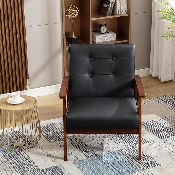 JIASTING Mid-Century Retro Modern Accent Chair Wooden Arm Upholstered Tufted Back Lounge Chairs Seat Size 24.4" 18.3" (Deep) (Square Leg Black)