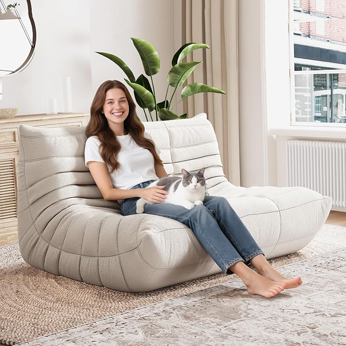 Selyteramy Bean Bag Chairs for Adults, Giant Bean Bag Chair Sofa with Memory Foam, Comfy Beanbag Loveseat Lazy Sofa for Living Room, Bedroom, Apartment, White