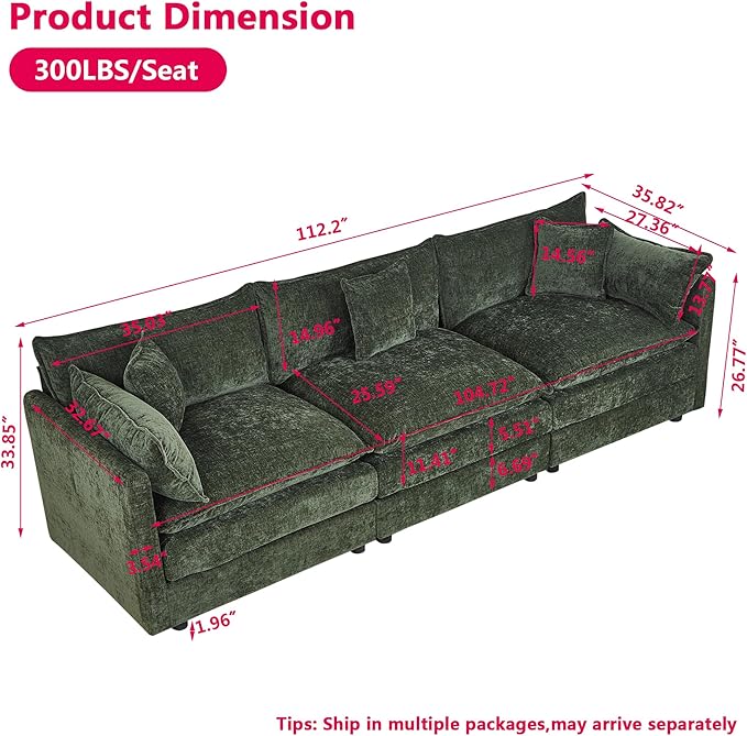 Aoowow Modular Sectional Sofa,112.2 Inch Deep 3-Seater Sofas Comfy Chenille Cloud Sofas and Couches with Pillows for Living Room Apartment（Green）