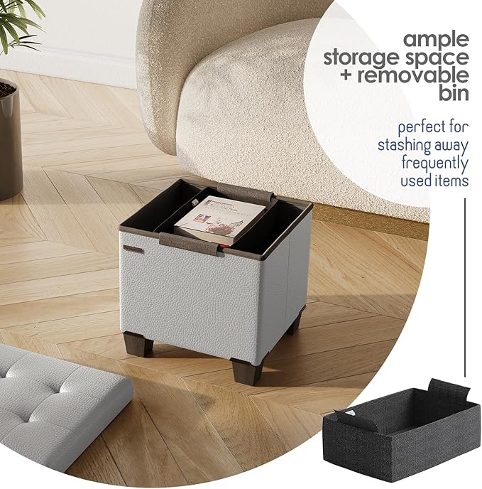 STORAGEBUD Storage Ottoman Cube with Small Bin, 16-in Square Ottoman with Storage for Living Room and Bedroom, Small Ottomans Foot Rest, Faux Leather Foot Stools Ottomans Max 330lbs, Light Grey