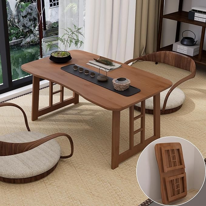 Japanese Floor Table Bamboo Folding Table,Portable Collapsible Tatami Tea Table, No Assembly Foldable Low Table for Sitting on The Floor, Easy Storage (Brown)