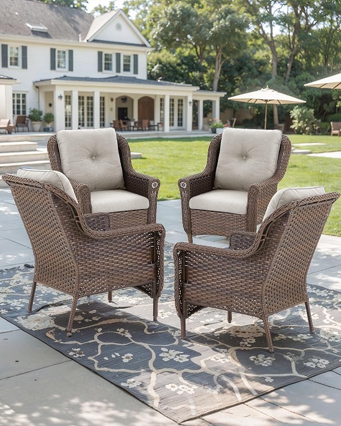 ACTREST Patio Wicker Chairs Outdoor Furniture Chair - Set of 4 Outside All Weather Lawn Dining Brown Rattan Armchair with High Back&Deep Seating for Deck Porch Balcony Backyard Garden - Beige