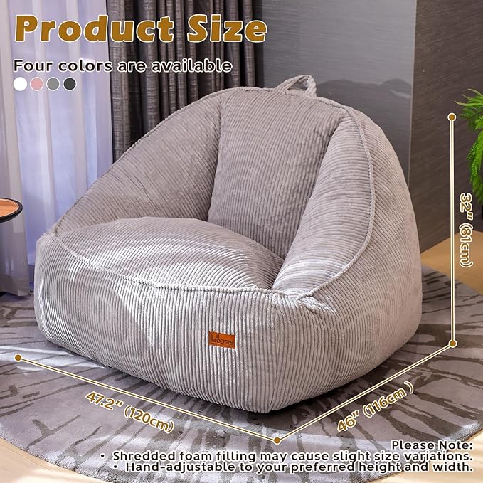 Giant Bean Bag Chair for Adults, Teens and Kids, Cozy Fluffy Corduroy Beanbag Chair with Filler, Large Floor Lounge Sofa for Living Room, Bedroom, Dorm, Gaming and Reading（L-Light Grey）
