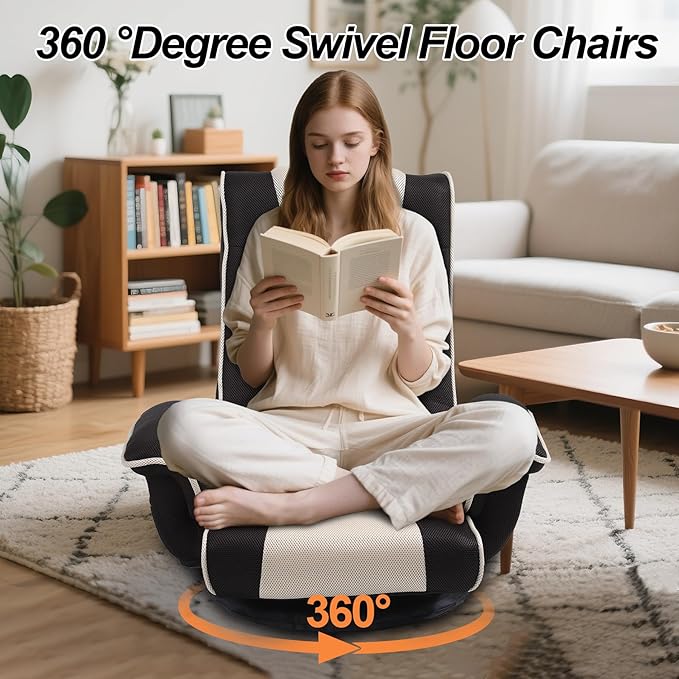 Swivel Floor Chairs for Adults, Floor Gaming Chair with Extra Wide Arms, Back Support 14 Angles Adjustable Comfortable Double Mesh Fabric Lazy Sofa for Video Game Chairs 201 (Black+Beige)