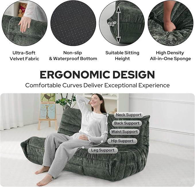 HABUTWAY Bean Bag Chair, Giant Bean Bag Chairs for Adults, 3 Seater Fireside Chair, Lazy Large Floor Bean Bag Sofa for Living Room, Bedroom, Dorm, Office (Green)