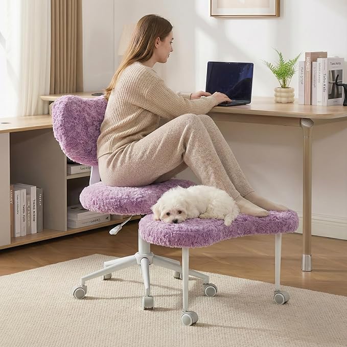 Tomofcessn Cross Legged Chair with Footrest, Plus Size Criss Cross ADHD Office Chair, Memory Foam Cushion, Armless Swivel Desk Chair with Wheels, Active Sitting for Home Office,Artificial Rabbit Fur