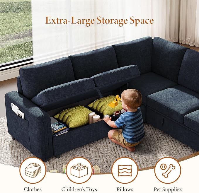 Vesgantti 88.4" Sleeper Sectional Couch with Pull Out Bed, 5 Seater L Shaped Modular Sectional Sofa with Storage, Comfy Chenille Modular Sofa for Living Room, Bedroom, Apartment, Blue