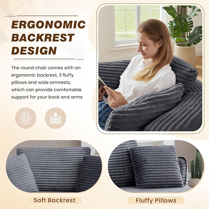53"W Oversized Round Chaise Longue Chair Indoor,Corduroy Fluffy Comfy Cloud Chair,Circle Bean Bag Sofa with Foam Filling & Pillows,Boneless Reading Cozy Sofa Chairs for Living Room,Bedroom,Grey