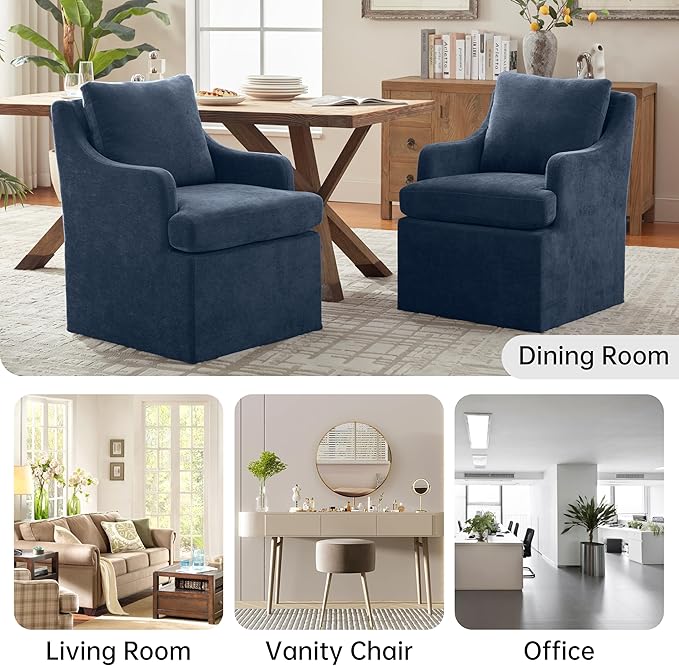 VKNOW Upholstered Dining Chairs Set of 4, Linen Kitchen Chair Dinner Chair with 4 Casters, Modern Armchair for Bedroom Reading Room Living Room, Navy