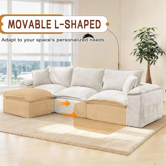 Korser 122" Sectional Couches for Living Room, Modular Boneless Sofa, Cloud Sofa, Fluffy Cushions, Double-Layer Cushioned, with Convertible Ottoman