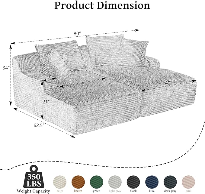 VEPXXP 80" Double Chaise Lounge Chair Indoor, Oversized Boneless Couch Comfy Upholstered Sleeper Sofa Bed with 4 Pillows, Corduroy Cloud Loveseat Chair for Living Room No Assembly Required, Dark Grey