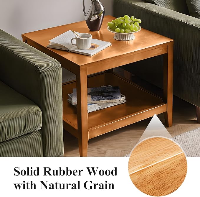 Cttasty Side Table, Solid Wood Square End Table with Storage Shelf, 2-Tier Coffee Table for Living Room, Rubber Wood Small Sofa Table, Nightstand 23.62 H x 23.62 W x 23.62 D Inches (Natural)