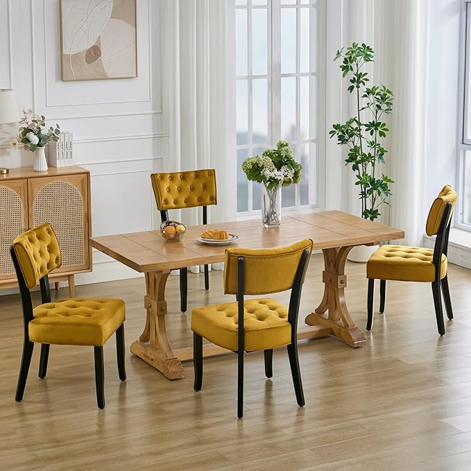 UVV Upholstered Dining Chairs Set of 4, Mid Century Modern Tufted Kitchen Chairs Dining Room Chairs, Velvet Dinner Chair with Wood Legs for Dining Room Kitchen, Turmeric-Black Legs
