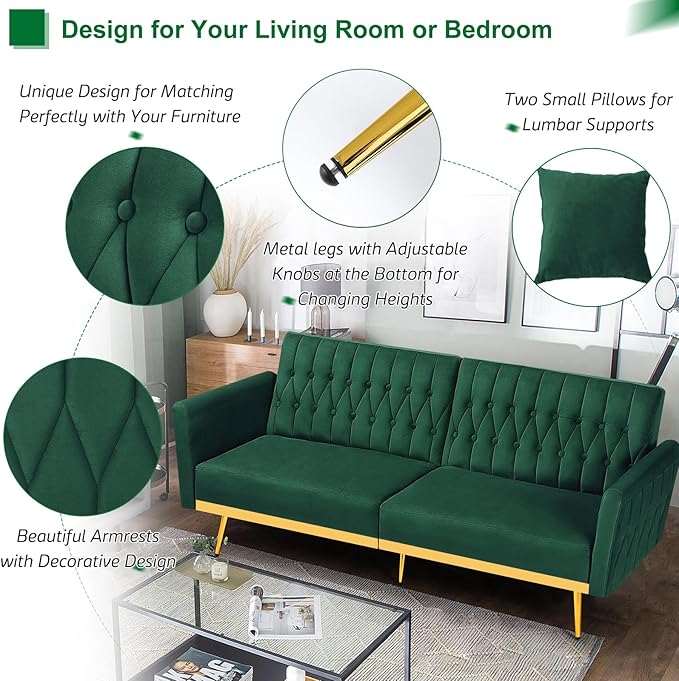 ACMEASE 70” Velvet Futon Sofa Bed w/Adjustable Backrests and Armrests, Convertible Futon Couch with 2 Pillows, Modern Tufted Sleeper Bed for Living Room, Bedroom,Green