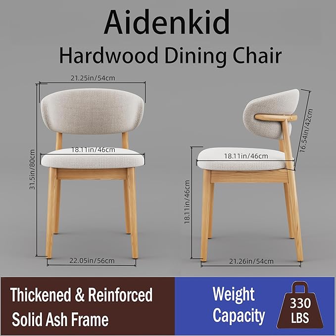 Set of 2 Solid Ash Wood Dining Chairs, Upgraded Reinforced Zero-Wobble Frame, Mid-Century Modern Side Chairs with Ergonomic Curved Backrest & Adjustable Floor Protectors (K-Oak, Set of 2)
