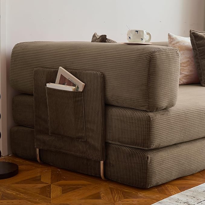 LIAROO 78.8" Convertible Sofa Bed -Compression Sofa with Corduroy Fabric - with Armrests and Backrest - Modular Sectional for Living Room, Bedroom, Studio - Compression Sofa in Box (Brown)