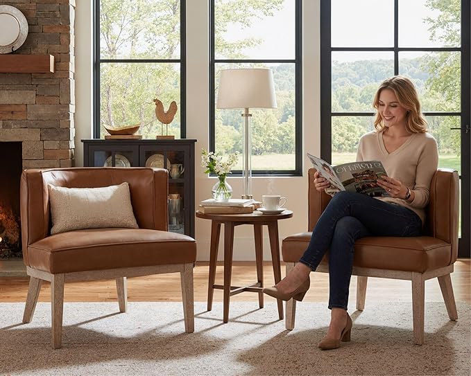 Comfy Barrel Chair Mid-Century Modern Accent Chair with Solid Wood Leg Upholstered Reading Arm Chair Faux Leather Waiting Room Round Side Chairs for Small Spaces Living Room Bedroom Office, Brown
