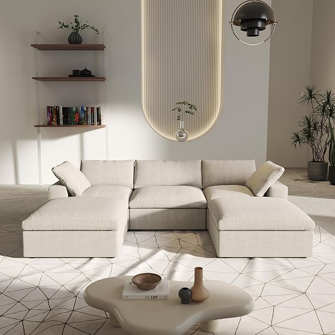 U-Shaped Cloud Sectional Couch, Khaki Modular Sectional Sofa, Modern Comfy Cloud Sofa with Storage Ottomans, Covers Removable, Convertible Sleeper Couch for Living Room Apartment (Linen Fabric)