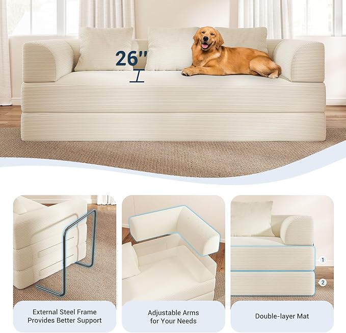Cloud Boneless Convertible Sleeper Sofa Bed for Living Room 89" 4-in-1 Foldable Compressed Lounge 3 Seater Floor Couches High-Density Sponge & Corduroy Fabric Multi-Form Pull Out Futon Daybed(Beige)