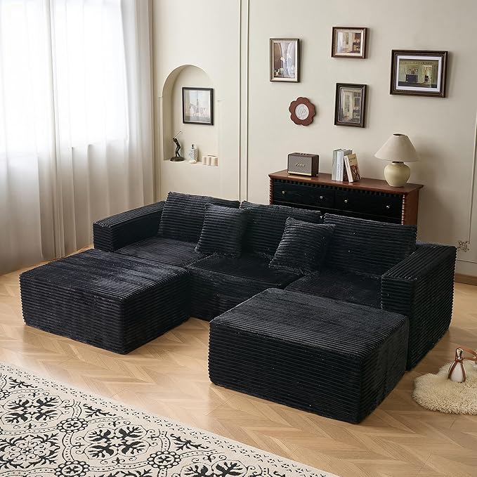 110" Modular Sectional Couch with 2 Movable Ottoman, Cloud Sofa Couches for Living Room, U Shaped Deep Seat Boneless Sofa,Luxury Corduroy Fabric, No Assembly Required