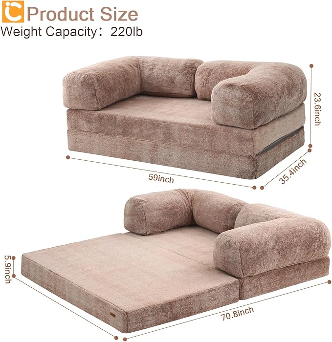 COMAX 4-in-1 Futon Sofa Bed, Queen Size Foldable Couch with L-Shaped Armrests, Convertible Sleeper Chair Bed, Comfortable Lounge Mattress for Living Room and Bedroom, Snow Brown