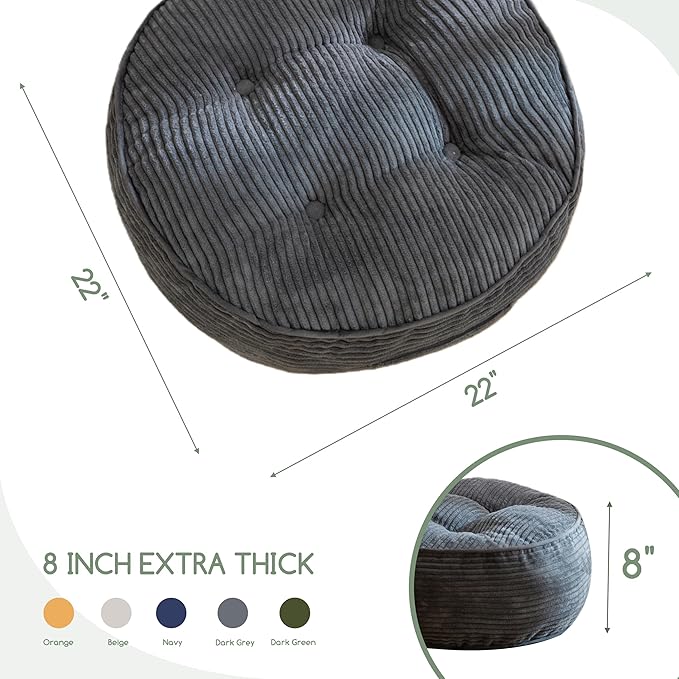 8" Washable Floor Pillow Cushion for Adults, Meditation Cushion Pillow, Large Round Floor Sitting, Removable Tufted Corduroy Cover, for Tatami Living Room or Yoga, 22x22 Inch, Machine Washable