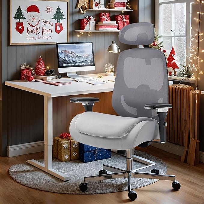 750 LBS Big and Tall Office Chair, Heavy Duty Executive Chair w/4D Arms, Ergonomic Computer Home Desk Chair, Swivel Mesh Chair w/2D Lumbar Support, Adjustable Headrest, Tilt Lock-Grey