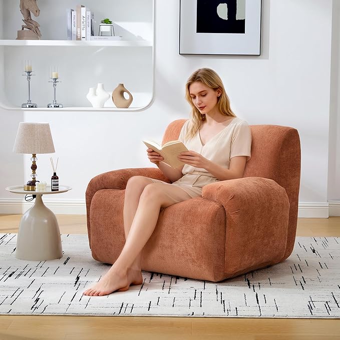 Boneless Chair, 42" W Oversized Single Sofa Chair for Living Room, Chenille Cloud Comfy Chairs, Foam Couch Armchair for Bedroom, Apartment, Office. Reading, No Assembly(Orange)