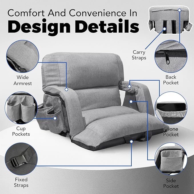 Wide Stadium Seats with Back Support, Exclusive Sofa Style Design Extra Thick Bleacher Chairs with Back and Cushion, 6 Reclining Positions - Ultimate Comfort for Sports Events (Grey, 25")