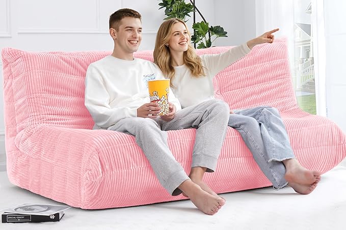 Bean Bag Chair,Giant Beanbag Chairs for Adults,Comfy Large Fireside Chair Lazy Sofa,Corduroy Bean Bag Lounger with Memory Foam Filled,Floor Sofa Couch for Home,Living Room (Pink, 3-Seater)