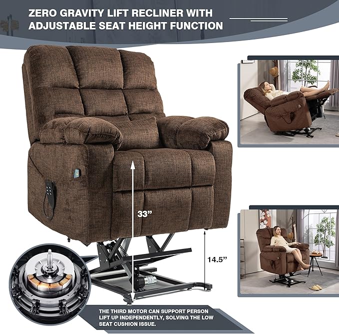 Comfortable Lifting Recliner Chair for Seniors, Power Lift Recliner Chair with Heat and Massage, Zero Gravity Lay Flat Recliner with Cup Holder for Elderly Big and Tall Men 400lbs, Brown