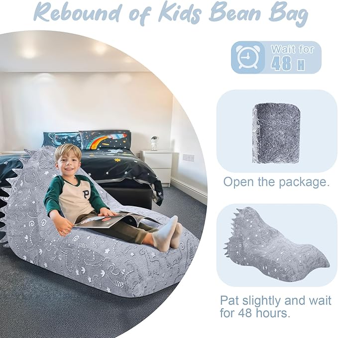 COMAX Dinosaur Bean Bag Chairs for Kids 8-12, Large Kid Beanbag Chair with Filler, Big Toddler Lounge Bean Chair, Children Lazy Floor Lounger for Girls Boys, Glowing Dino