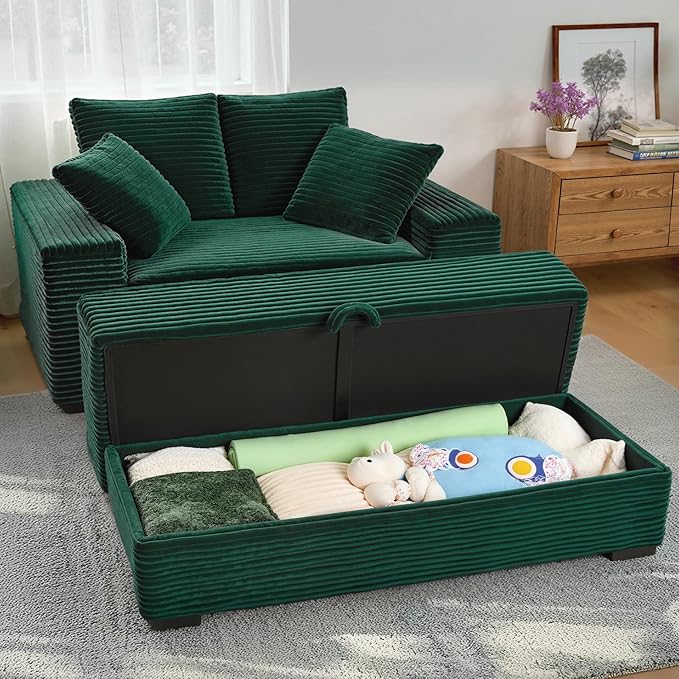 Indoor Chaise Lounge Chair With Storage Ottoman, Modern 60-Inch Lounge Sofa Chair With Wide Armrests & 4 Pillows, Oversized Comfy Reading Lounger For Living Room, Bedroom（Wide-Rib Corduroy Green)