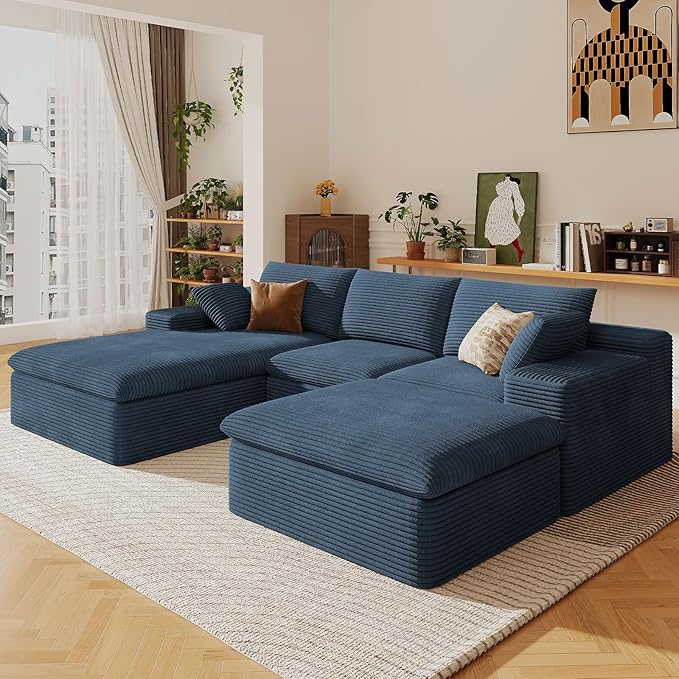 107" Cloud Sectional Couch with U-Shaped Chaise,Corduroy Viral Boneless Sofa with Ottoman,Memory Foam Couches in a Box with Deep Seat for Living Room,No Assembly Required (Blue,Left-Facing Chaise)