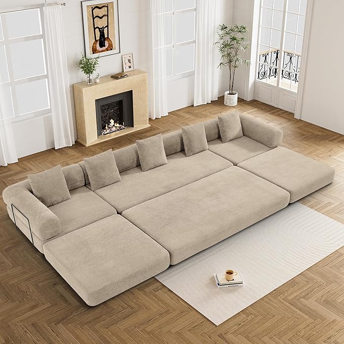 DAMAIFROM 157" Convertible Sleeper Sofa Bed Set with Pillow, 4-in-1 Corduroy Folding Mattress Boneless Couch with Fixed-Shape Frame, Fold Out Floor Sofa Cama Lounge Couch for Living Room, Light Brown