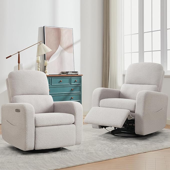 AEMEIOS Swivel Rocker Recliner, Power Recliner Glider with Removable Cushion, Oversized Upholstered Boucle Swivel Reclining Nursery Chairs for Living Room Bedroom, Teddy Grey