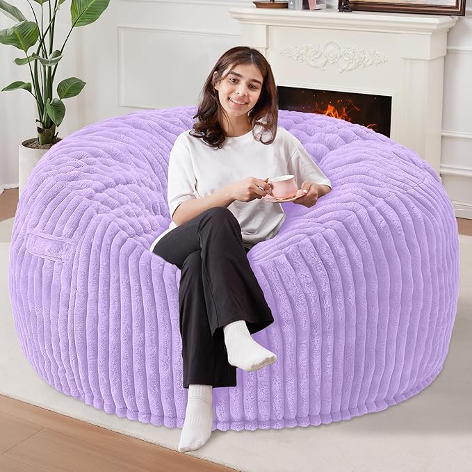 Homguava 5 FT Bean Bag Chair,5' Big Bean Bag,Giant Bean Bag Chairs for Adults with Memory Foam Filled,Comfy Large Beanbag Chairs Soft Bean Bag Sofa with Dutch Corded Plush Cover-Purple