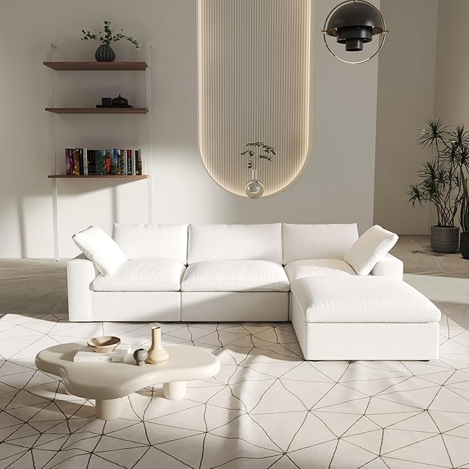 L-Shaped Cloud Sectional Couch, White Modular Sectional Sofa, Modern Comfy Cloud Sofa with Storage Ottoman, Covers Removable, Convertible Sleeper Couch for Living Room Apartment (Linen Fabric)