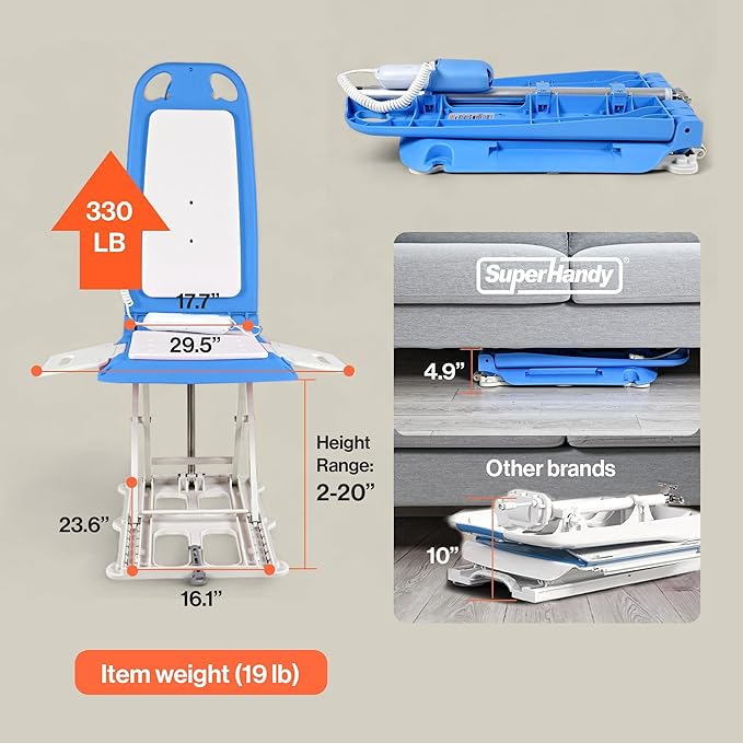 SuperHandy Portable Floor & Bath Lift – 26V 51.8Wh Battery, Lightweight 19 lbs, Foldable, 330 lb Capacity, IP68 Waterproof Lift for Seniors, Ergonomic Seat with Removable Panels (Spa Blue)