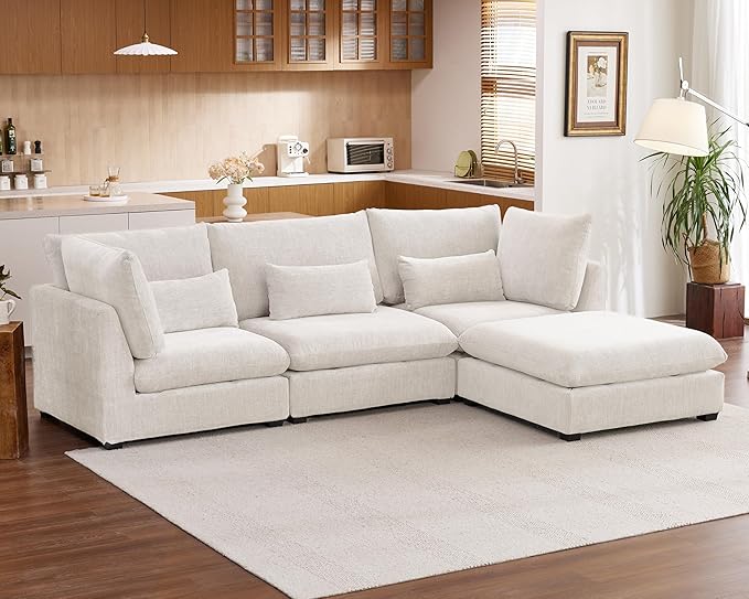 Oversized Modular Sofa, Extra Deep Cloud Chenille Sectional Couch with Ottoman Chaise, Fluffy Chenille 4 Seat L-Shaped Sofa for Living Room, Villa (L Shape 4 Seater, Chenille White)