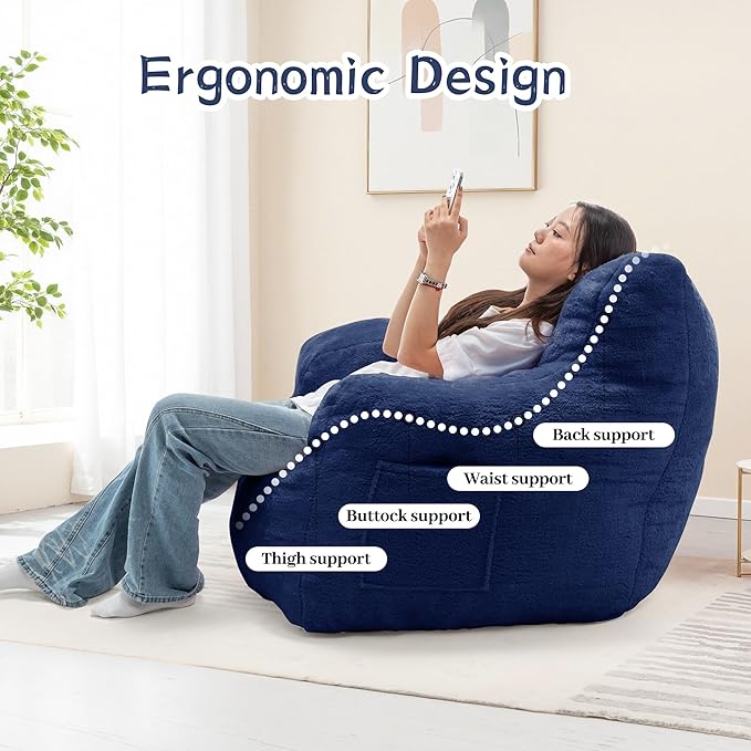 Bean Bag Chair, Comfy Bean Bag Sofa with Armrests & Back Support, Shredded Foam Filled Floor Couch for Adults, Fluffy Cloud Chair for Bedroom/Dorm/Reading, Single, Blue