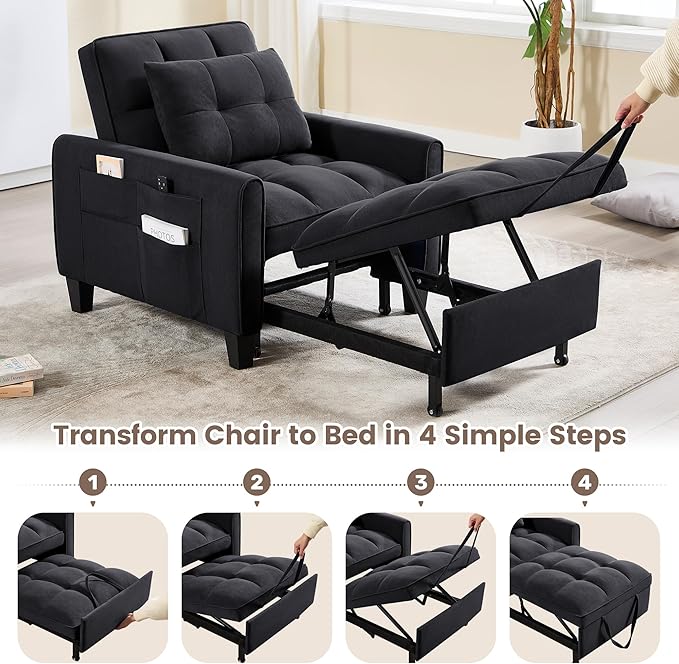 Choairy Modern Black Velvet 3 in 1 Sleeper Chair Bed Pull Out Sofa Bed Chair, Adjustable Backrest, 3 Reclining Positions, Adult Size, Indoor Use